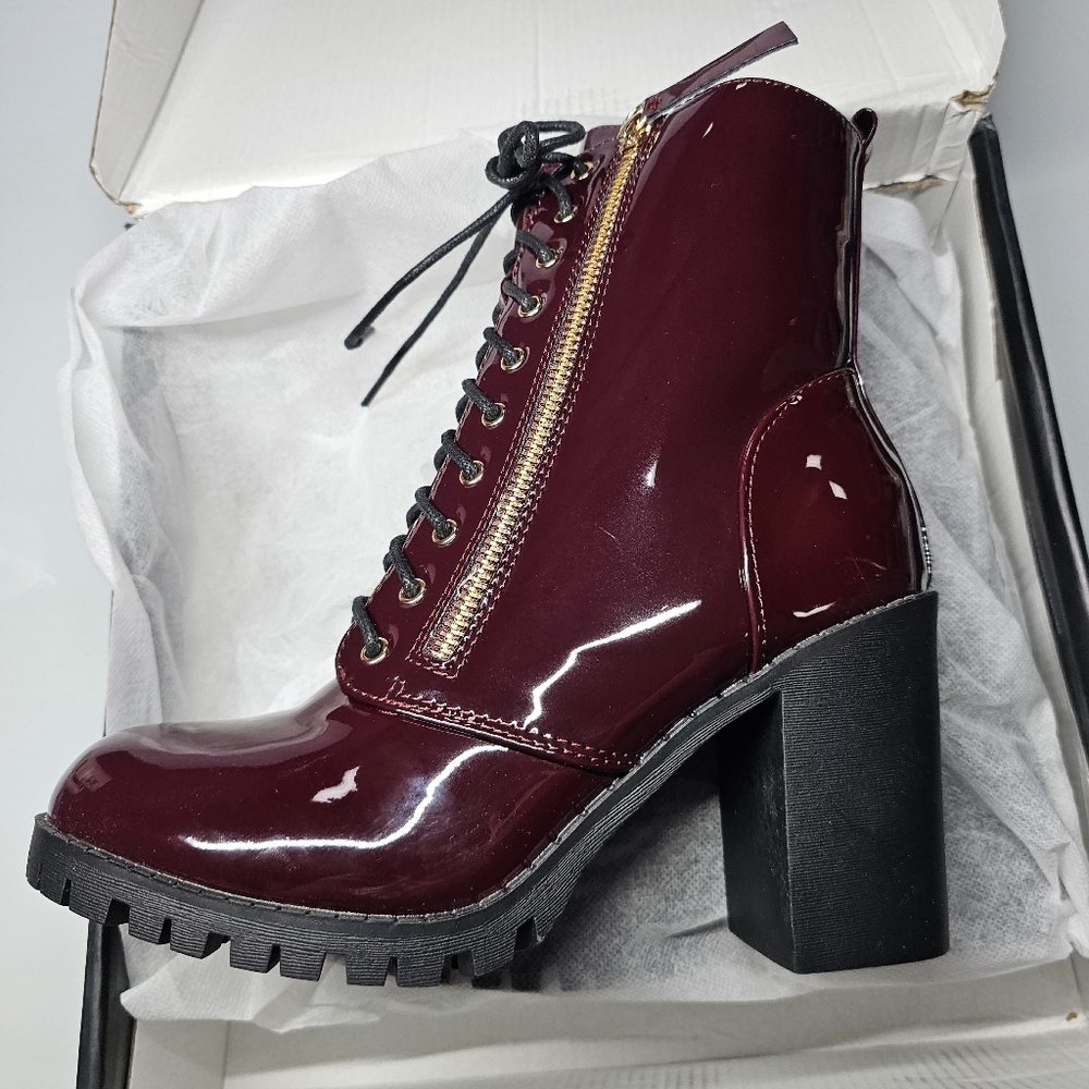 Fashion Nova Wine and Black Heeled Boots Chunky Block Heel